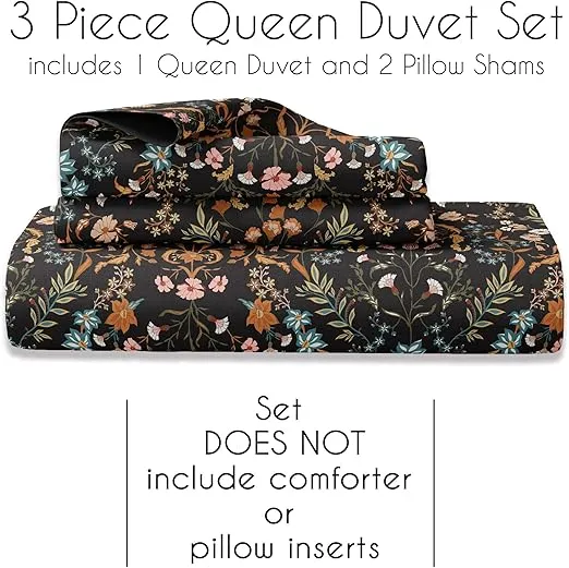 Boho Bohemian Farmhouse Black and Orange Wildflower Garden Floral Duvet Comforter Cover and Sham 3 pc. Full Queen Size Bed Bedding Set Bedroom Aesthetic Botanical Cottagecore Flower Print Vintage