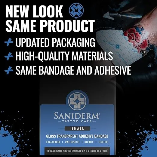 Saniderm Tattoo Aftercare Bandage 10 Sheets (Small Pack, 4 in x 4 in) – Convenient, Faster Tattoo Healing and Protection – Sterile, Waterproof, and Latex-Free