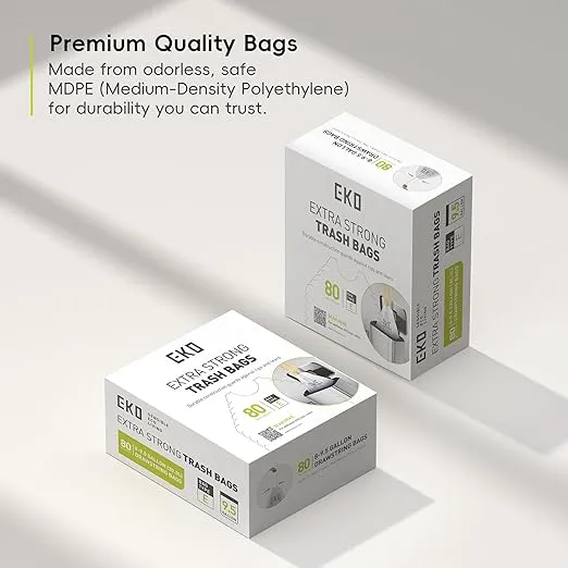 EKO Easy-Dispense Roll 80 Count Extra-Strong Drawstring Tall Kitchen Trash Bag, 8-9.5 Gallon Trash Bag (30.3L-36L) 1 Pack White, Code E
