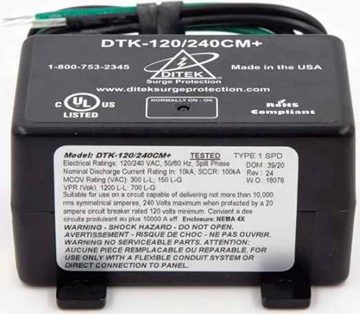 DITEK DTK-120/240CM+ Surge ARRESTOR, Parallel Protector, Multi-Purpose, NEMA 4X, UL1449 Listed, SPD, Type 1, 2W(+G), 120/240VAC