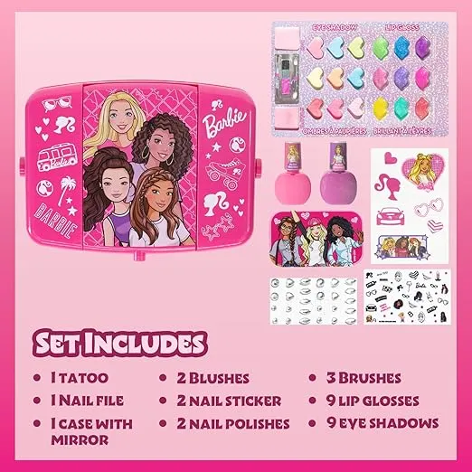 Townley Girl Barbie Beauty Vanity Set with Light-Up Mirror | Includes Lip Gloss, Eye Shadow, Brushes, Nail Polish, Accessories, and More! |Ages 3+ | Perfect for Parties, Sleepovers, and Makeovers