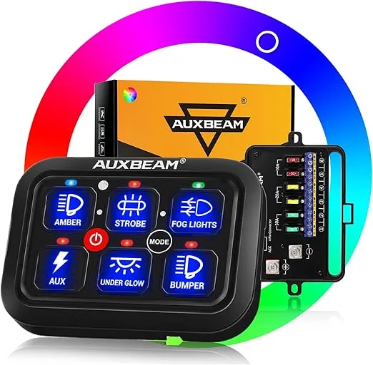 Auxbeam RGB 6 Gang Switch Panel RA60 Auto-Dimmable Switch Panel w/Momentary Toggle Pulsed, Control Panel Switch Pod w/Memory Function 12-24V Switch Panel for Truck UTV Boat Waterproof, 2-Year Warranty