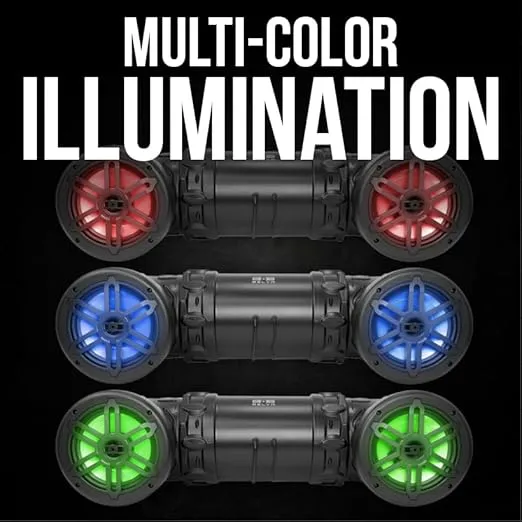 BELVA BPS6RGB UTV/ATV Weatherproof Sound System Dual 6.5” Speakers with 1” Tweeters, Built-in Amplifier, Bluetooth, Aux-in, Multi Color Illumination, Wireless Remote, Easy Installation