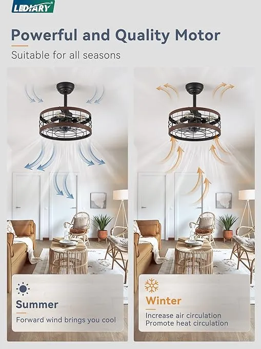LEDIARY 16.5in Caged Ceiling Fan with Light, Bladeless Industrial Ceiling Fan with Remote, Rustic Metal Fan Lights Ceiling Fixtures for Kitchen, Farmhouse, Bedroom(6 Speed,1/2/4/8h Timing)-Walnut