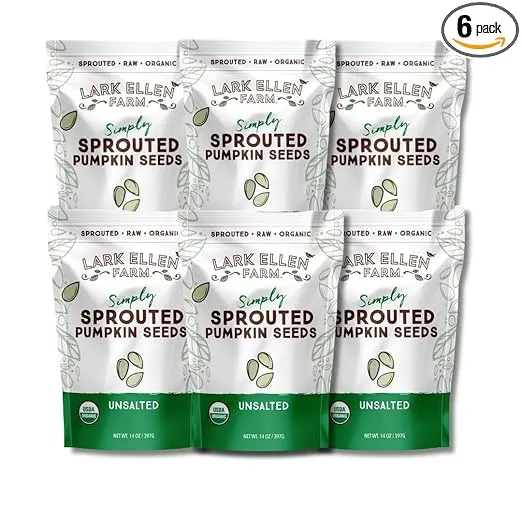 Lark Ellen Farm Sprouted Organic Pumpkin Seeds, Unsalted Raw Pumpkin Seeds Organic, Pepitas, Vegan, Non GMO, Gluten Free, Paleo, and Keto Friendly (14 oz, 6 Pack)