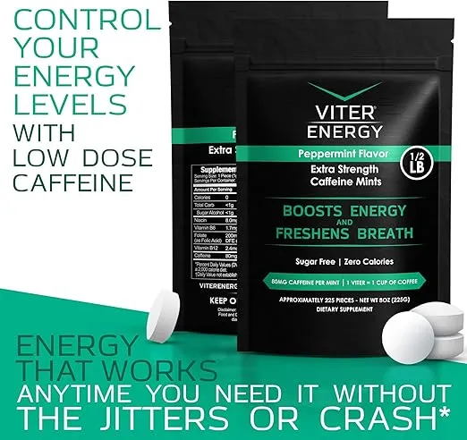 Viter Energy Extra Strength Caffeinated Mints 80mg Caffeine, B Vitamins, Sugar Free. (Peppermint, 8oz, Bulk Bag)