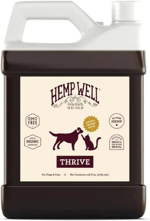 Hemp Well Thrive Pet Oil for Cats and Dogs, Everyday Supplement for Overall Health with Omega 3, Supports Hip, Joint, and Heart Health, Organically Sourced - Gallon
