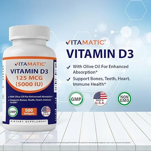 Vitamatic Vitamin D3 5000 IU (125 mcg) - 500 Softgels (Olive Oil Based) - 500 Days Supply - for Healthy Muscle Function, and Immune Support, Non-GMO, Gluten Free in Cold-Pressed Mini Softgels