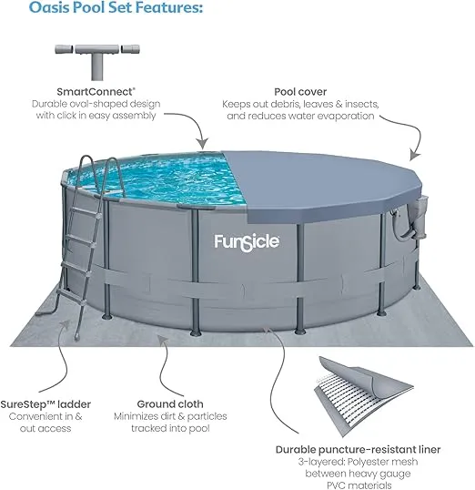 Funsicle 14ft x 48in Round Oasis Above Ground Pool, with SkimmerPlus Filter Pump & Ladder, Gray