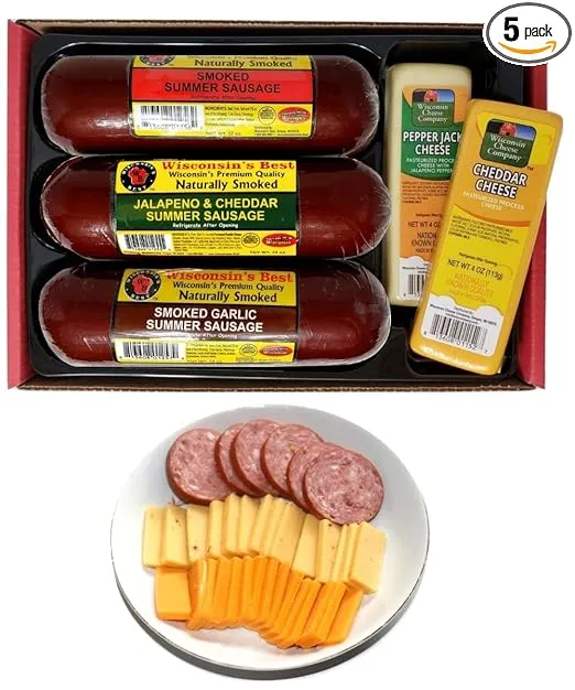 Wisconsin's Best & Wisconsin Cheese Company - Gourmet Variety 100% Wisconsin Cheese & Original, Garlic & Jalapeno Cheddar Summer Sausage Sampler Holiday Christmas Gift Basket.