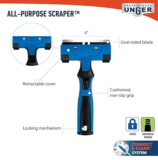Unger Professional 4" All-Purpose Scraper - Window, Glass, and Floor Scraper, Adhesive Removal, Gum, Stickers, Paint Removal, Dual-Sided Blade