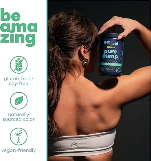 BEAM Be Amazing Stimulant Free Pure Pump Powder | Vegan Nighttime Pre Workout, Energy Boost, Endurance, Muscle Pump, Strength, Recovery | Caffeine-Free Supplement, No Itch | Sour Blue Gummy, 30 Scoops