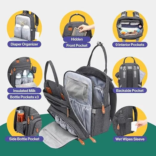 BabbleRoo Diaper Bag Backpack - Multi function Waterproof Diaper Bag, Travel Essentials Baby Tote with Changing Pad, Stroller Straps & Pacifier Case - Unisex, Dark Gray