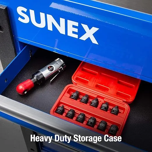 SUNEX TOOLS 3841, 3/8 Inch Drive Pipe Plug Socket Set, 11-Piece, SAE, 7/16" - 5/8", Cr-Mo Steel, Tapered Male Square Drive, Chamfered Female Square Drive, Heavy Duty Storage