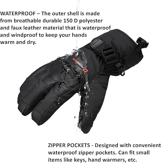 Alpine Swiss Mens Waterproof Snow Ski Gloves Gauntlet Mittens with Zipper Pockets Winter Snowboarding Windproof 3M Thinsulate