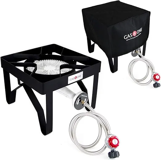 Gas One 200, 000 BTU Propane Burner with Cover Single Burner Outdoor Burner Camp Stove Propane Gas Cooker with Adjustable 0-20Psi Regulator & Steel Braided Hose Perfect For Home Brewing, Turkey Fry