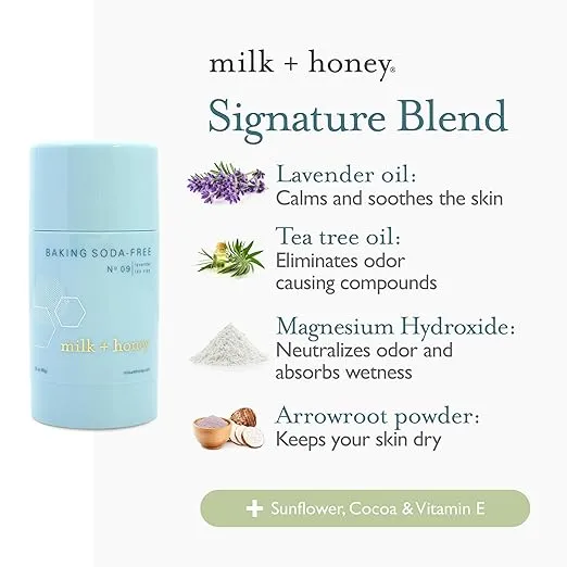 milk + honey Baking Soda Free Deodorant No. 09, Aluminum Free Deodorant for Women and Men, Natural Deodorant with Lavender and Tea Tree Scent, 2.6 Oz