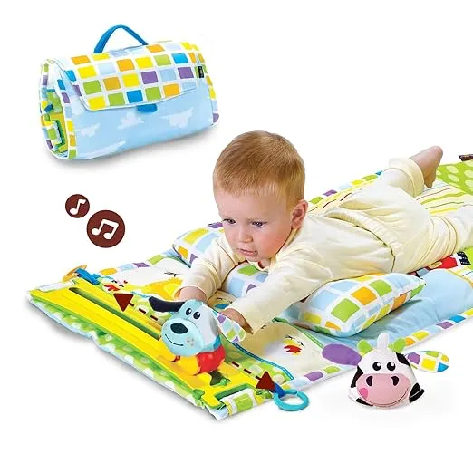 Yookidoo Baby Tummy Time Mat Newborn Musical Playmat & Outdoor Gym. Pillow, Teething Toys and Portable Fold-Up Case. 0-12 Months.