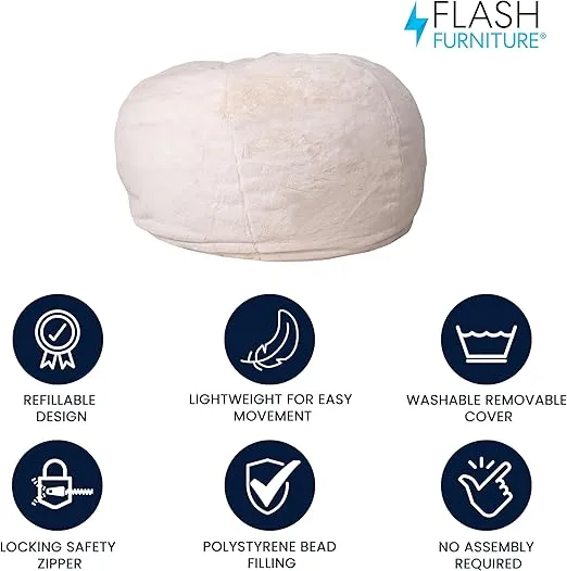 Flash Furniture Duncan Oversized Bean Bag Chair for Kids and Adults, Foam-Filled Beanbag Chair with Machine Washable Cover, White Furry