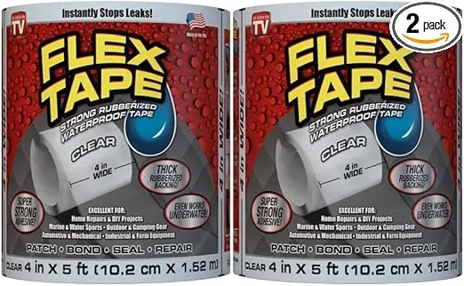Flex Tape Rubberized Waterproof Tape, 4" x 5', Clear - 2 Pack