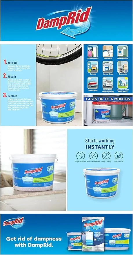 DampRid Moisture Absorber Hi-Capacity Bucket, 4 lb., Fragrance Free, For Fresher, Cleaner Air in Large Spaces, Lasts Up To 6 Months, No Electricity Required