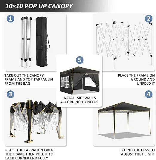 COBIZI 10x10 Pop up Canopy, Canopy Tent 10x10 Gazebos, Ez up Canopy 10x10 for Parties Beach Camping Party Event Shelter Sun Shade with 4 Sidewalls & Carry Bag 4 Stakes & Ropes & Sandbags, Black