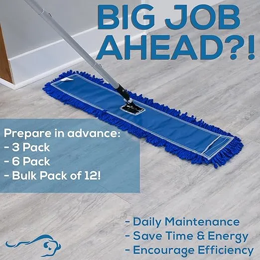 KLEEN HANDLER 36 Inch Microfiber Dust Mop Bulk Pack of 12, Large Washable Commercial Dust Mop, Sweeper, Janitorial Dust Mop Head Replacement, Push Mop Broom, Blue