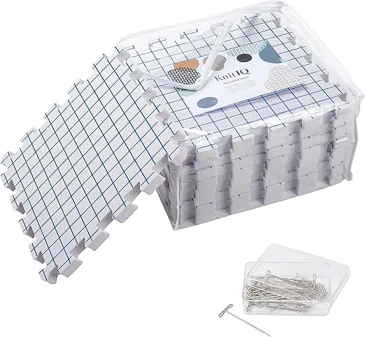 KnitIQ Blocking Mats for Knitting - Extra Thick Blocking Boards for Crochet Projects with Gridlines - 100 T-Pins and Storage Bag Included for Knitting Supplies - Standard Mat Set - Pack of 9