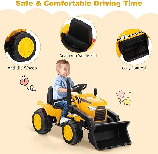 HONEY JOY Ride on Excavator, 12V Battery Powered Wheeled Loader Digger Kids Bulldozer w/Adjustable Digging Bucket, Headlights, Music, Horn, Slow Start, Electric Construction Vehicle for Kids, Yellow