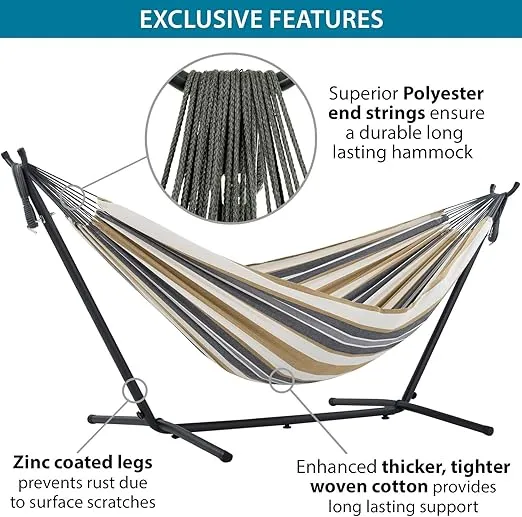 Vivere Double Cotton Hammock with Space Saving Steel Stand, Desert Moon with Charcoal Frame (450 lb Capacity, 110"L x 47"W - Premium Carry Bag Included)