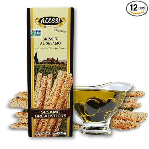 Alessi Imported Breadsticks, Sesame Autentico Italian Crispy Bread Sticks, Low Fat Made with Extra Virgin Olive Oil, 4.4oz (Sesame, 4.4 Ounce (Pack of 12))
