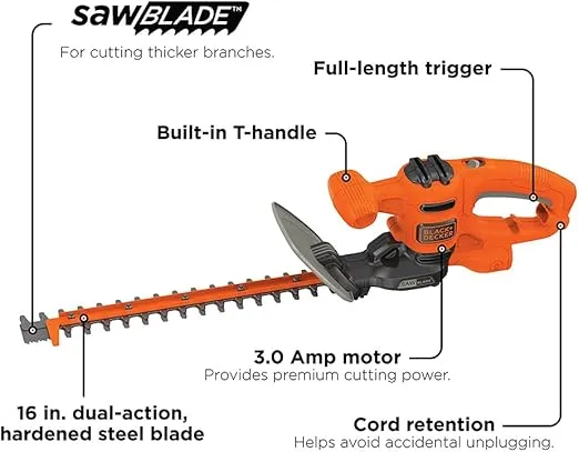 BLACK+DECKER Hedge Trimmer, Dual-Action Blade, 16-Inch (BEHTS125)