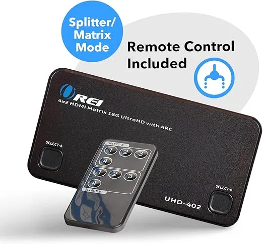 OREI 4K HDMI Matrix Switch 4 X 2, Switcher 18G UltraHD with Arc Supports upto 4K @ 60Hz & 1080P IR Remote Control - Full Matrix Selection (UHD-402)
