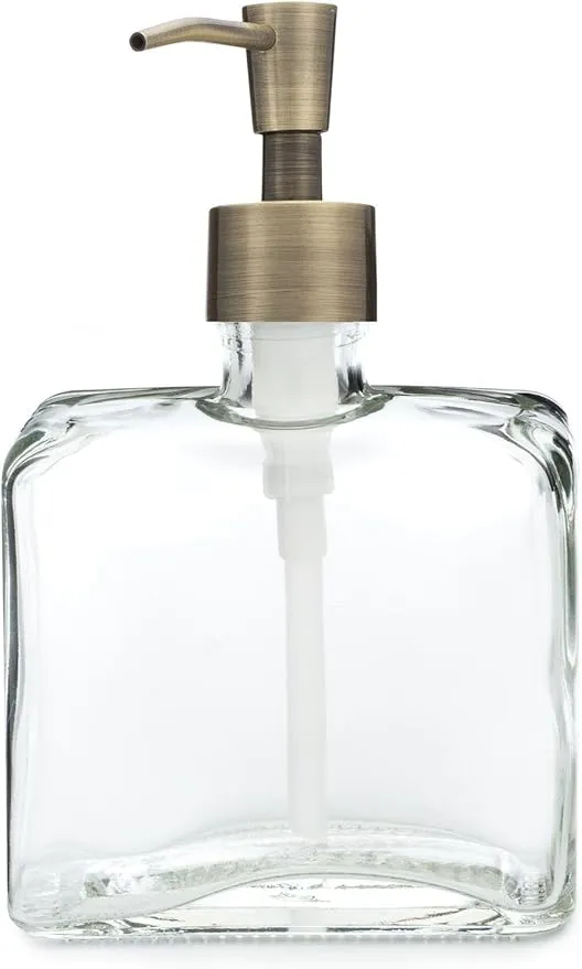Rail19 Urban Square Recycled Glass Soap Dispenser with Metal Pump, 8.5oz (Antique Brass)