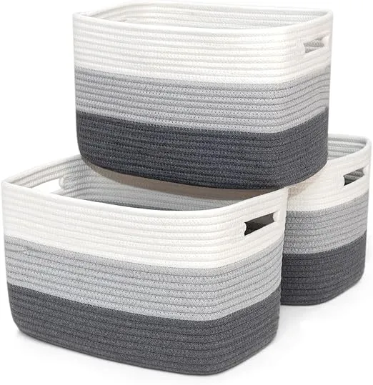Cotton Rope Basket, Woven Baskets for Storage, Blanket Basket Living Room, Storage Basket with Handles for Book, Clothes for Organizing, 14.6”x 9.8”x 8.7”, Pack of 3, Gradient Gray