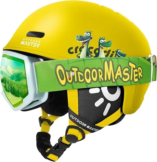 OutdoorMaster Kids Ski Helmet and Goggles Set, Snowboard Helmet, Durable PC Shell & EPS Foam, Snow Helmet 12 Cooling Vents, Dial Fit Skiing Helmet, Safety-Certified Snow Sport Helmets for Boys & Girls