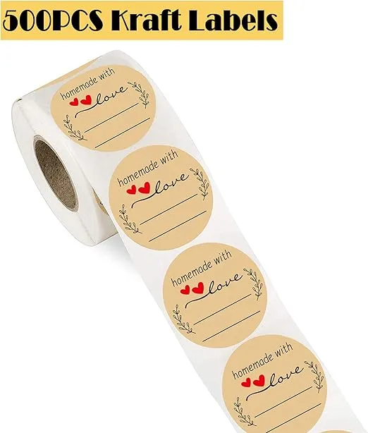 SALEMAR Homemade with Love Stickers 500PCS, 1.5 Inch Brown Kraft Label Stickers for Canning Bottles, Storage Bins, Food, Jars, Homemade Products