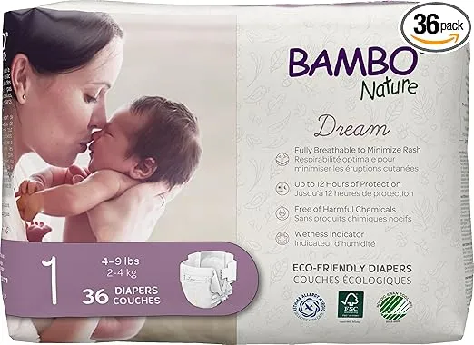 Bambo Nature Premium Baby Diapers - French/English Packaging, Size 1, 36 Count