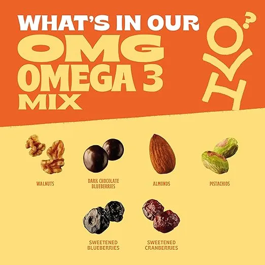 Orchard Valley Harvest OMG Omega-3 Mix, Walnuts, 8 oz Resealable Bag, Dark Chocolate Blueberries, Sweetened Cranberries, Almonds, Pistachios, Gluten Free, Non-GMO, On-The-Go Snack