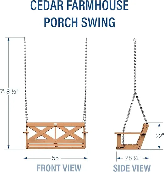 Backyard Discovery Durable Cedar Farmhouse Outdoor Porch Swing with Chain, Water Resistant, Porch, Patio, Two Person Seating, 600 Lb Weight Capacity, with 4.6 ft. Seat Width