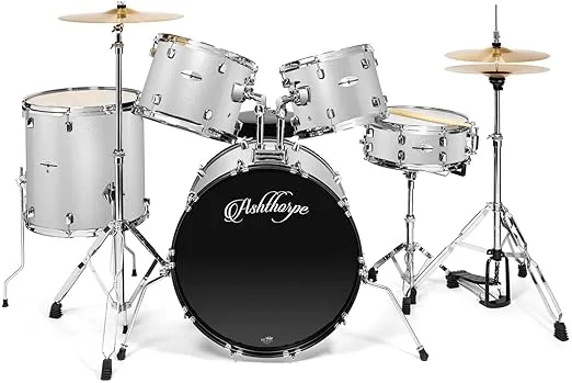 Ashthorpe 5-Piece Full Size Adult Drum Set with Remo Heads & Premium Brass Cymbals - Complete Professional Percussion Kit with Chrome Hardware - Silver