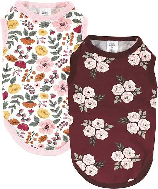 Luvable Friends Dog Pet Dog and Cats Cotton T-Shirts 2pk, Burgundy Floral Botanical, Medium