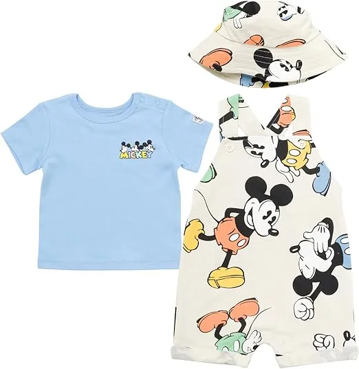 Disney Junior Baby French Terry Short Overalls, T-Shirt and Hat 3 Piece Outfit Set Newborn to Infant Sizes (OS - 24 Months)