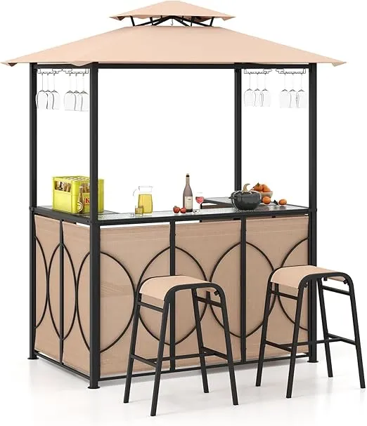 Tangkula 3-Piece Patio Bar Set, Grill Gazebo & 2 Bar Stools with Tempered Glass Bar Table, Metal Storage Shelves, Glass Holders, Double-Tier Soft Top Canopy BBQ Gazebo Shelter for Patio Garden (Brown)