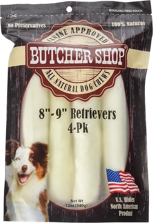 Butcher Shop 013151 8"-9" Natural Rawhide Retrievers (4 Pack), Large.
