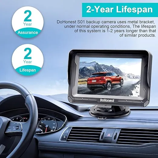 DoHonest Backup Camera and Monitor Kit HD 720P Easy Installation for Car/Suv/Pickup/Truck/Van/RV/Trailer Single Power Rear View System Driving/Reversing Use IP68 Waterproof Night Vision