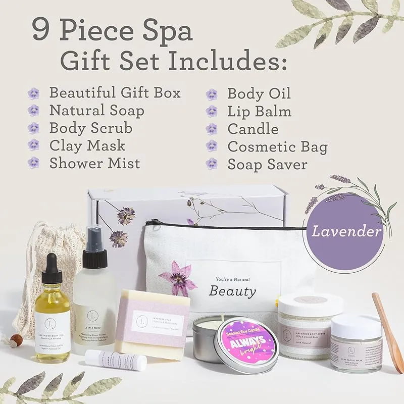 Lizush Luxury Spa Gift Basket And Self Care Gifts For Women - 9 Piece Set With Soap, Scrub, Body Oil, Mist, Lip Balm, Facial Mask, Cosmetic Bag, Candle, Soap Saver