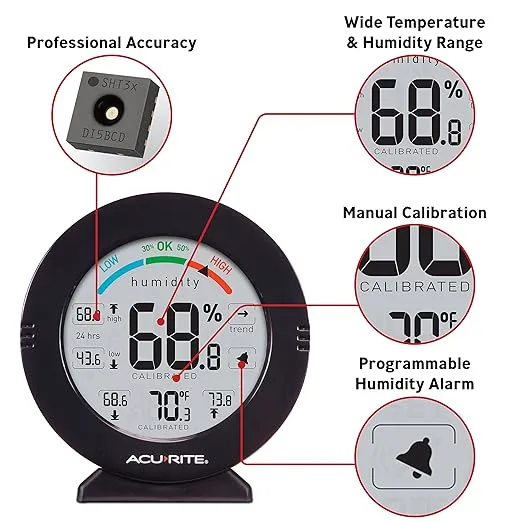 AcuRite 01080M Pro Accuracy Temperature and Humidity Gauge with Alarms, Black