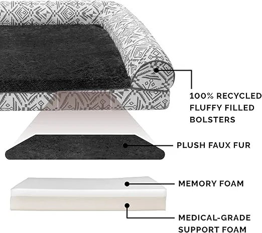 Furhaven Memory Foam Dog Bed for Large/Medium Dogs w/ Removable Bolsters & Washable Cover, For Dogs Up to 55 lbs - Plush & Southwest Kilim Woven Decor Sofa - Boulder Gray, Large