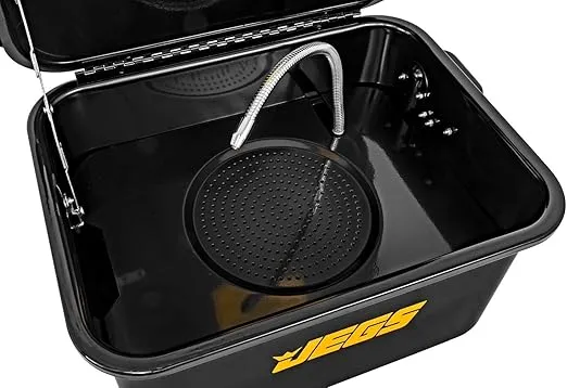 JEGS 5-Gallon Portable Parts Washer | 3.5 Gallon Solvent Capacity | 3.96 Gallon Per Minute Max Pump Output | Heavy Duty Steel | Powder Coated Black with JEGS Logo
